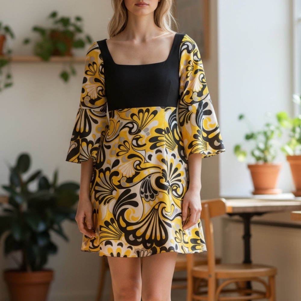 Elegant Black and Yellow Floral Funky Dress